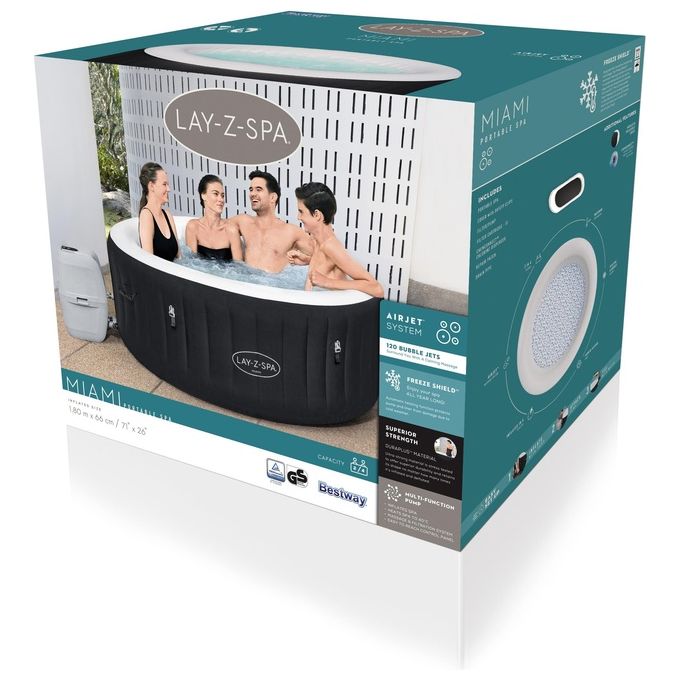 Bestway 60001 Lay-Z-Spa Miami AirJet Piscina Idromassaggio Gonfiabile 180x66 cm 4 Persone 40°C Freeze Shield colore Nero