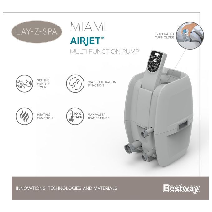 Bestway 60001 Lay-Z-Spa Miami AirJet Piscina Idromassaggio Gonfiabile 180x66 cm 4 Persone 40°C Freeze Shield colore Nero