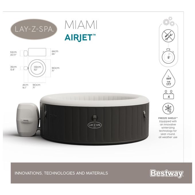 Bestway 60001 Lay-Z-Spa Miami AirJet Piscina Idromassaggio Gonfiabile 180x66 cm 4 Persone 40°C Freeze Shield colore Nero