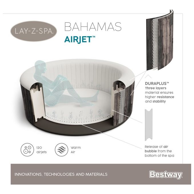 Bestway 60005 Lay-Z-Spa Bahamas Idromassaggio Gonfiabile AirJet 120 getti 669 L 40°C per 4 persone 180x66 cm