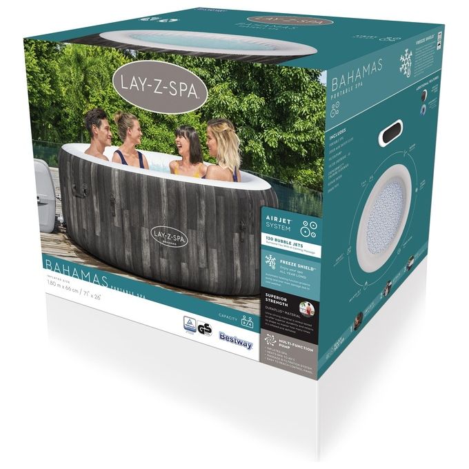 Bestway 60005 Lay-Z-Spa Bahamas Idromassaggio Gonfiabile AirJet 120 getti 669 L 40°C per 4 persone 180x66 cm