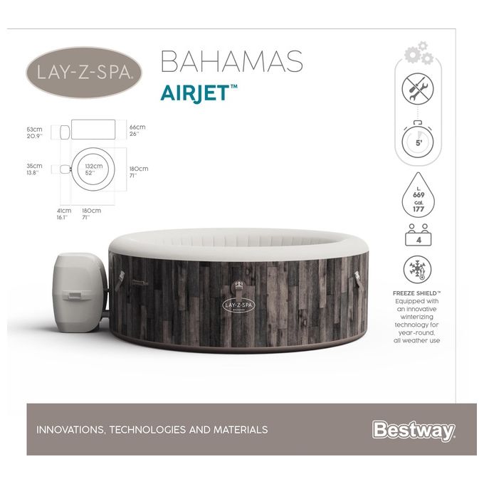 Bestway 60005 Lay-Z-Spa Bahamas Idromassaggio Gonfiabile AirJet 120 getti 669 L 40°C per 4 persone 180x66 cm