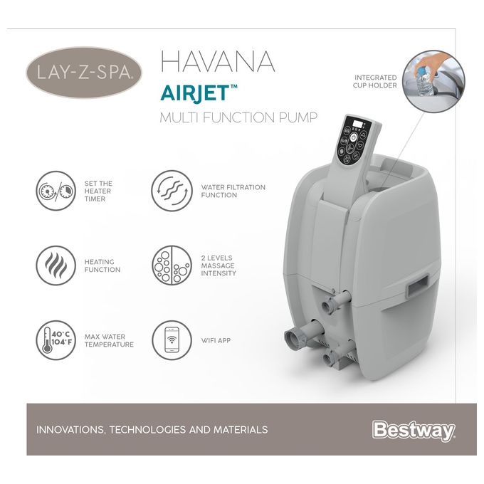 Bestway 60035 Lay-Z-Spa Havana Piscina Idromassaggio Gonfiabile 669 L 4 posti 120 getti AirJet Wi-Fi 40°C colore Grigio Bianco