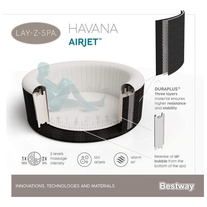 Bestway 60035 Lay-Z-Spa Havana Piscina Idromassaggio Gonfiabile 669 L 4 posti 120 getti AirJet Wi-Fi 40°C colore Grigio Bianco
