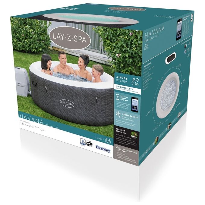 Bestway 60035 Lay-Z-Spa Havana Piscina Idromassaggio Gonfiabile 669 L 4 posti 120 getti AirJet Wi-Fi 40°C colore Grigio Bianco