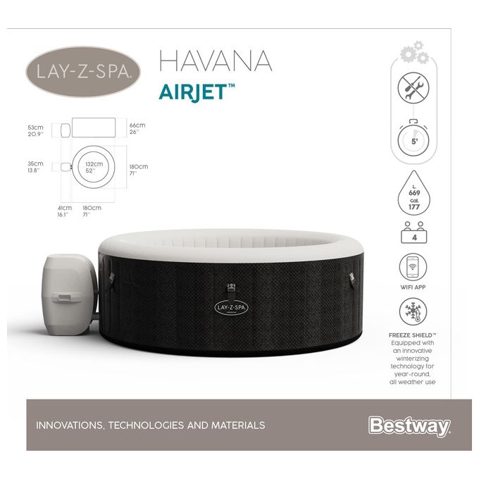 Bestway 60035 Lay-Z-Spa Havana Piscina Idromassaggio Gonfiabile 669 L 4 posti 120 getti AirJet Wi-Fi 40°C colore Grigio Bianco