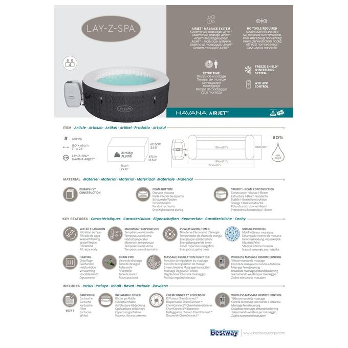 Bestway 60035 Lay-Z-Spa Havana Piscina Idromassaggio Gonfiabile 669 L 4 posti 120 getti AirJet Wi-Fi 40°C colore Grigio Bianco