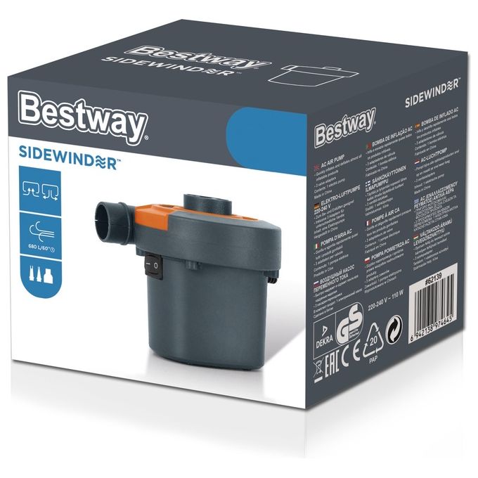 Bestway 62139 Sidewinder Pompa di Gonfiaggio Elettrica AC 110 W 680 l-min 3 adattatori colore Nero