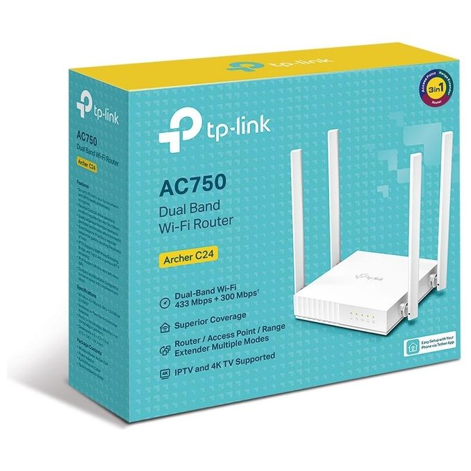 TP-Link ARCHER C24 Router Wireless AC750 Dual Band 2.4 GHz 5 GHz Fast Ethernet 4 Antenne colore Bianco