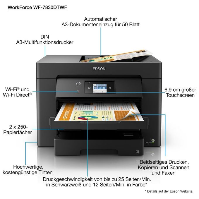Epson WF-7830DTWF WorkForce Stampante Multifunzione Inkjet A3 4in1 25 ppm Wi-Fi Ethernet ADF Fronte Retro colore Nero