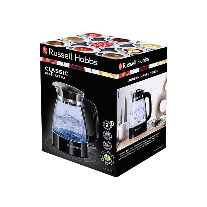 Russell Hobbs 26080-70 Classic Glass Bollitore Elettrico 1.7 L 2400 W Illuminazione Blu Base Girevole 360° Filtro Anticalcare colore Nero