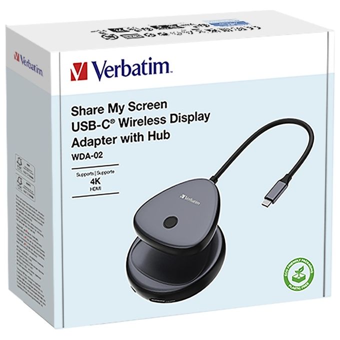 Verbatim 32147 Share My Screen Adattatore Wireless USB-C HDMI 4K 30 Hz con Porta USB-A Aggiuntiva colore Nero Grigio