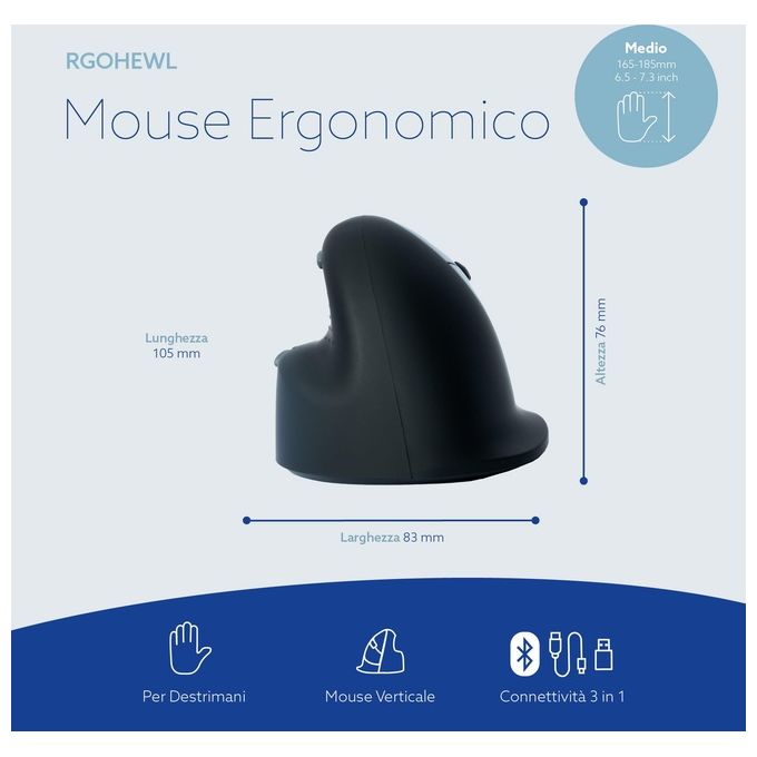 R Go Tools RGOHEWL R-Go HE Mouse Ergonomico Senza Fili Bluetooth 5.0 5 Pulsanti DPI Regolabile Fino a 2400 Silenzioso Ricaricabile Compatibile Windows Mac Linux colore Nero