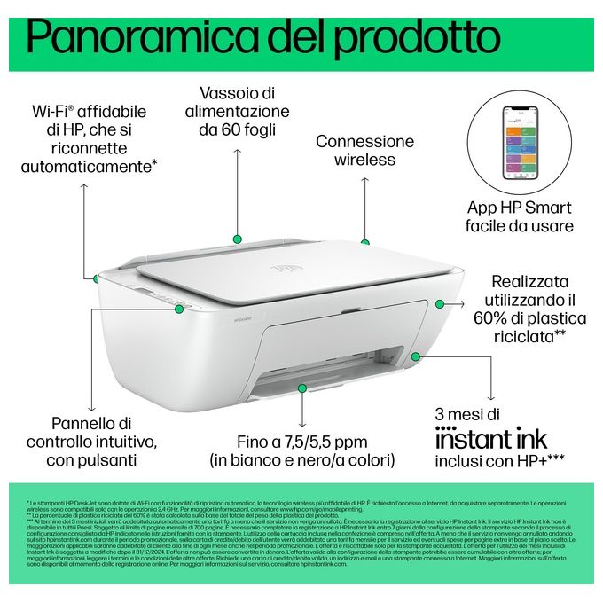 HP 588Q0B DeskJet 2810e Stampante Multifunzione Inkjet Colore Stampa Copia Scansione Wi-Fi A4 colore Bianco