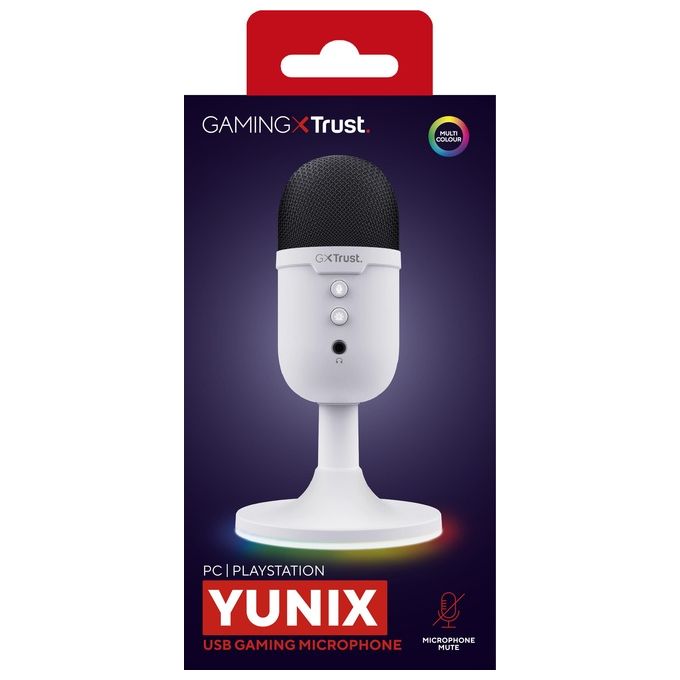 Trust S9913958 GXT 234W Yunix Microfono USB da Tavolo con Pattern Cardioide Filtro Pop Integrato e Illuminazione RGB Uscita Cuffie Pulsante Mute colore Bianco