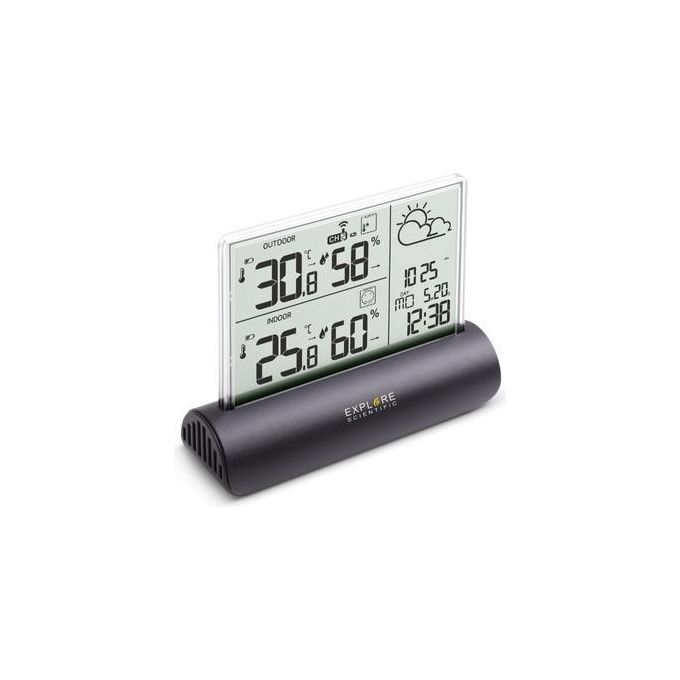 Explore Scientific WSH4501 Stazione Meteo LCD con Display in Vetro Temperatura Umidita' e Pressione Barometrica Interna Esterna Previsioni del Tempo Fino a 3 Sensori Portata 100 m colore Nero