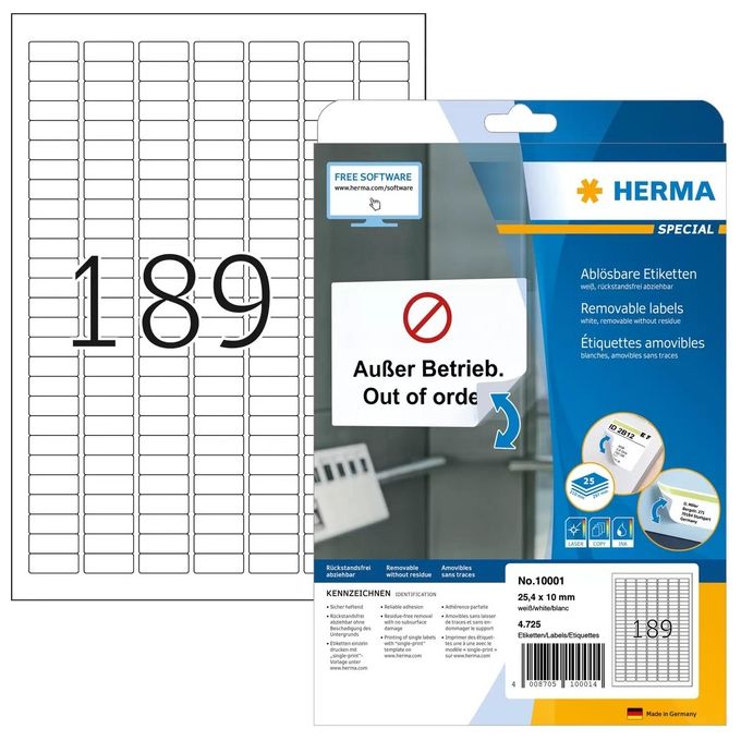 Herma Etichette Rimovibili Bianche 25,4x10mm 25 Fogli DIN A4 4725 Pezzi