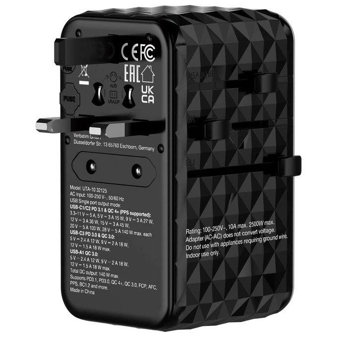 Verbatim 32125 GaN III Caricabatterie Universale da Viaggio 140W 4 Porte USB-C USB-A Power Delivery 3.1 Quick Charge 4+ colore Nero