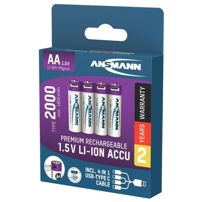 Ansmann Lithium Akku Mignon AA 1800mAh  Cable 4 Pezzi