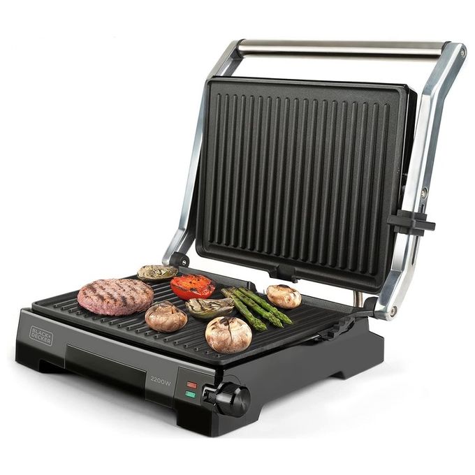 Black+decker BXGR2200E Bistecchiera Elettrica Grill 2200W Antiaderente Apertura 180° Termostato Regolabile colore Nero