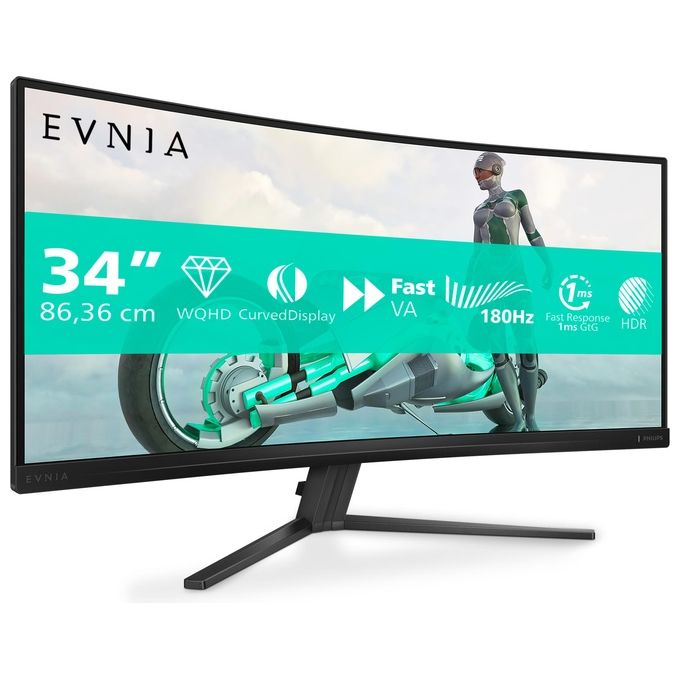 Philips 34M2C3500L Evnia Monitor Gaming Curvo 34'' WQHD 3440x1440 Fast VA 180Hz HDR10 FreeSync Premium colore Nero