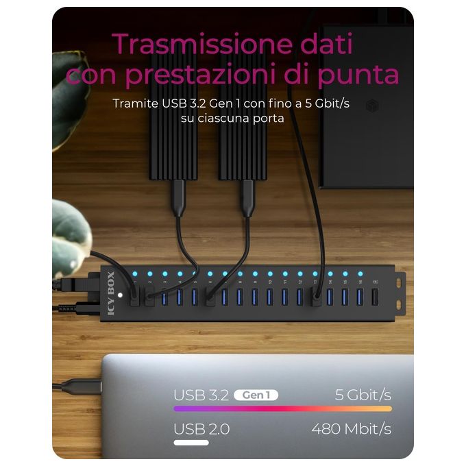 ICY BOX 60994 IB-HUB1717-U3 Hub USB 3.2 Gen 1 con 17 Porte Type-A 5 Gbit-s Alimentatore Incluso colore Nero