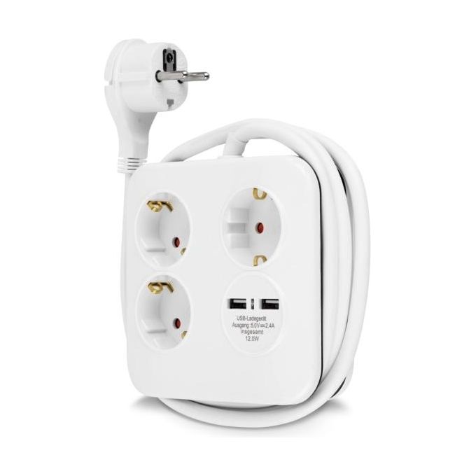 Rev PowerQuad 3-Fold Presa Multipla con 2x Usb Bianco