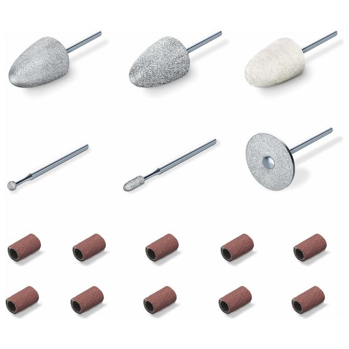 Beurer 572.17 Set di Accessori di Ricambio per Manicure e Pedicure MP 52 con 8 Pezzi in Zaffiro Feltro e Metallo Duro 10 Dischi Monouso in Carta Abrasiva colore Grigio