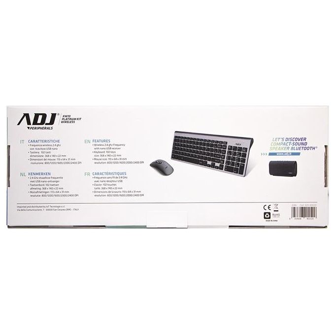 Adj KIT_ Desktop Wireless KW10 Platinum Tastiera Multimediale con Mouse Ergonomico Resistente all'Acqua Silver-Nero