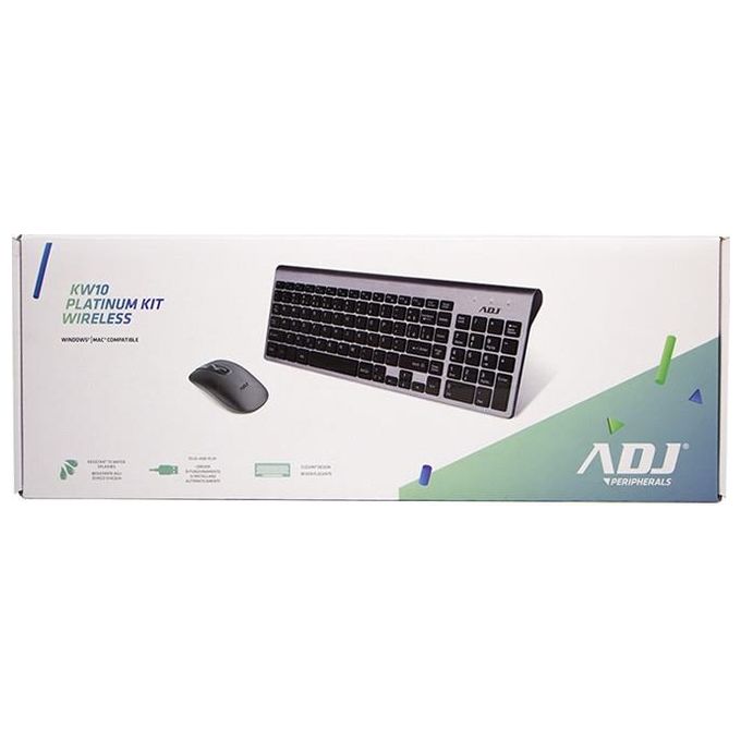 Adj KIT_ Desktop Wireless KW10 Platinum Tastiera Multimediale con Mouse Ergonomico Resistente all'Acqua Silver-Nero