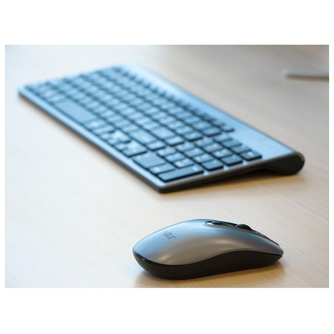 Adj KIT_ Desktop Wireless KW10 Platinum Tastiera Multimediale con Mouse Ergonomico Resistente all'Acqua Silver-Nero