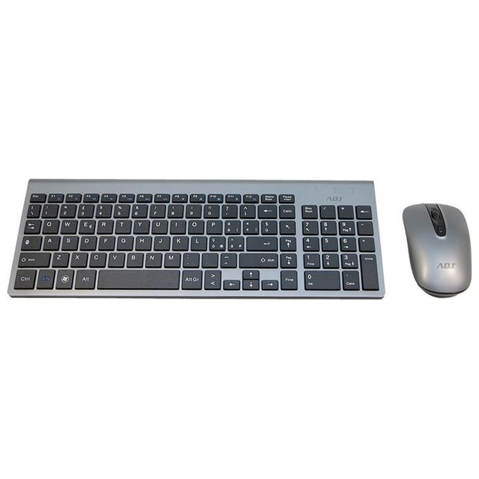 Adj KIT_ Desktop Wireless KW10 Platinum Tastiera Multimediale con Mouse Ergonomico Resistente all'Acqua Silver-Nero