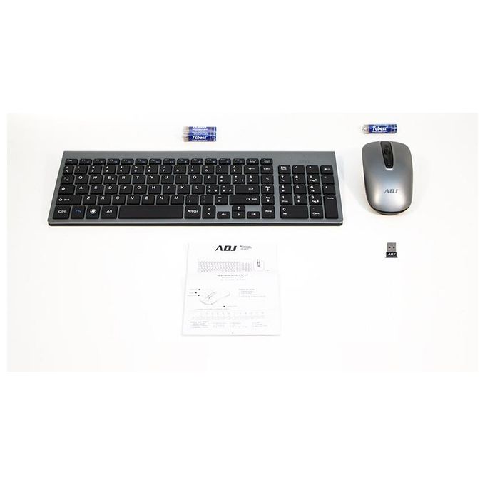 Adj KIT_ Desktop Wireless KW10 Platinum Tastiera Multimediale con Mouse Ergonomico Resistente all'Acqua Silver-Nero