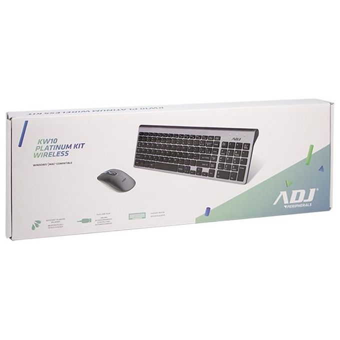 Adj KIT_ Desktop Wireless KW10 Platinum Tastiera Multimediale con Mouse Ergonomico Resistente all'Acqua Silver-Nero