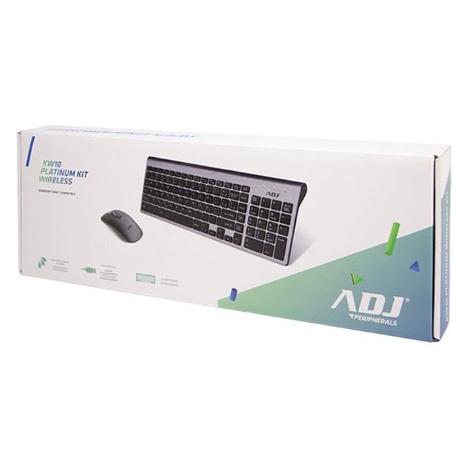 Adj KIT_ Desktop Wireless KW10 Platinum Tastiera Multimediale con Mouse Ergonomico Resistente all'Acqua Silver-Nero