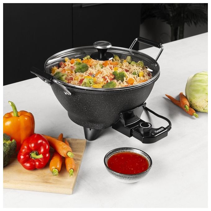 Princess 01.162389.01.001 Wok Elettrico Stir-Fry 7 L 30 cm 1400 W Rivestimento Antiaderente in Marmo Termostato 250°C colore Nero