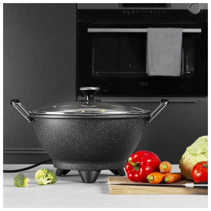 Princess 01.162389.01.001 Wok Elettrico Stir-Fry 7 L 30 cm 1400 W Rivestimento Antiaderente in Marmo Termostato 250°C colore Nero