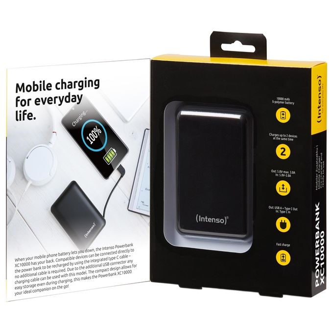 Intenso Powerbank XC10000 Caricabatterie Portatile con Cavo Usb-C Integrato 10000mAh Nero