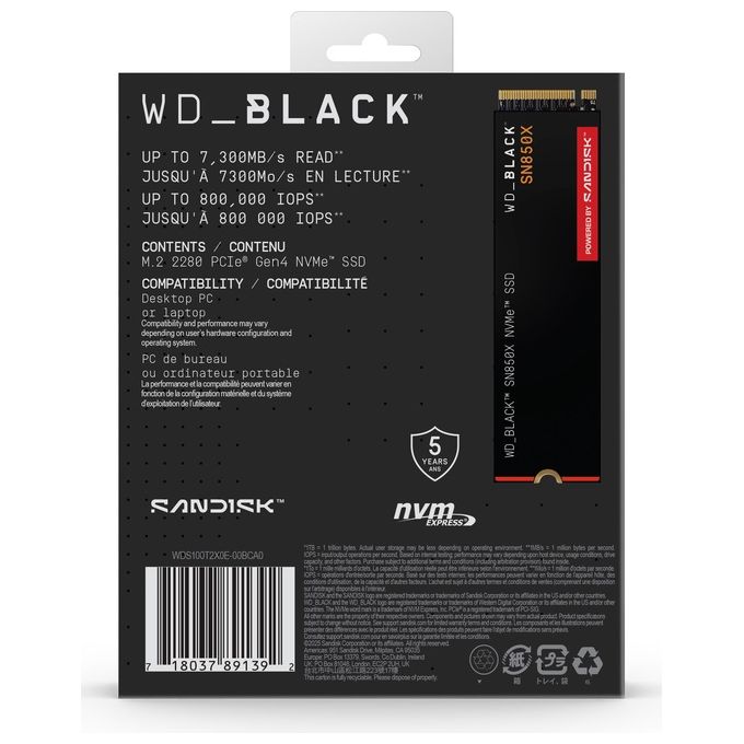 Western Digital WDS100T2X0E WD_BLACK SN850X SSD Interno M.2 2280 NVMe PCIe 4.0 x4 1TB 7300 MB-s