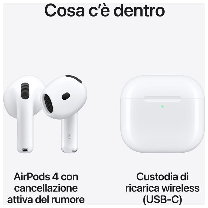 Apple MXP93ZM-A AirPods 4 Auricolari TWS Bluetooth ANC Chip H2 Audio Spaziale IP54 Custodia USB-C Ricarica Wireless colore Bianco