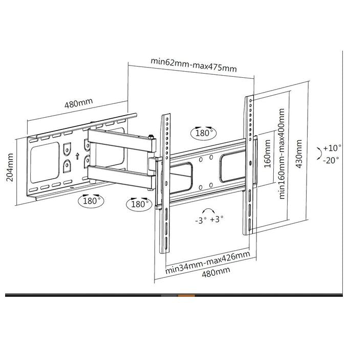 Equip 650315 Supporto per TV a Muro Articolato 32 55 Pollici Fino a 50 Kg VESA 400x400 Inclinazione e Rotazione Regolabile colore Nero