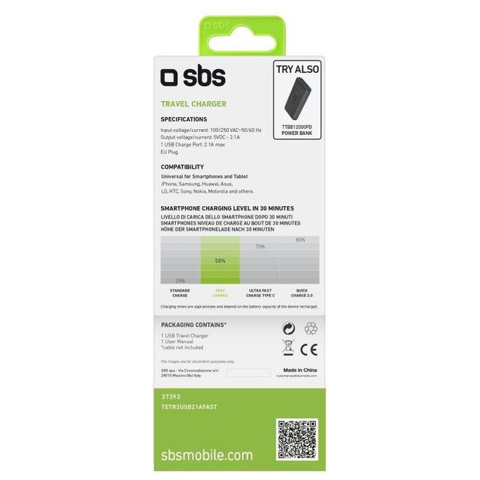 Sbs Caricabatterie a Ricarica Rapida da 2100mAh con Due Uscite Usb da 1A e 2.1A Presa Europea