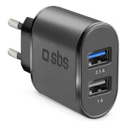 Sbs Caricabatterie a Ricarica Rapida da 2100mAh con Due Uscite Usb da 1A e 2.1A Presa Europea