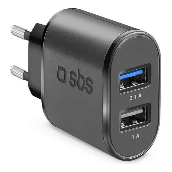 Sbs Caricabatterie a Ricarica Rapida da 2100mAh con Due Uscite Usb da 1A e 2.1A Presa Europea