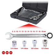 KS Tools Serie di Chiavi a Cricco Combinate Gearplus Reversibili 16 Pezzi 8-19mm con Adattatore