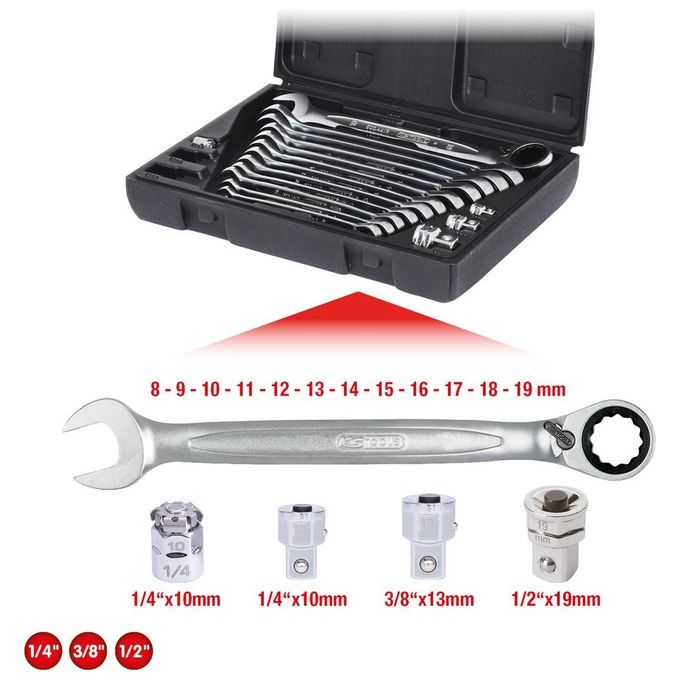 KS Tools Serie di Chiavi a Cricco Combinate Gearplus Reversibili 16 Pezzi 8-19mm con Adattatore