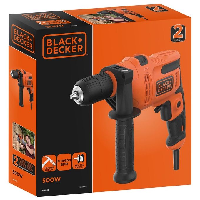 Black+Decker Trapano Elettrico a Percussione 500W Reversibile Mandrino Autoserrante