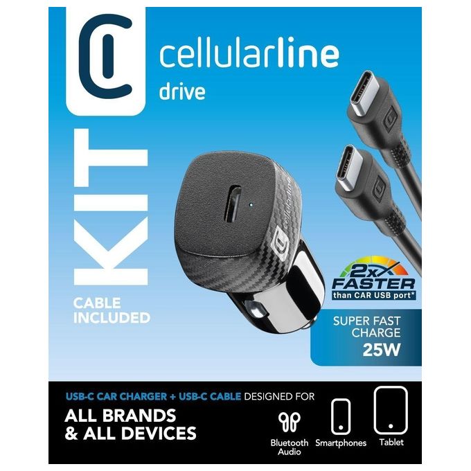 Cellularline CBRSMKITC2CPD25WW Super Fast Car Power Kit 25W Caricabatterie da Auto USB-C 25W con Cavo 100cm colore Nero