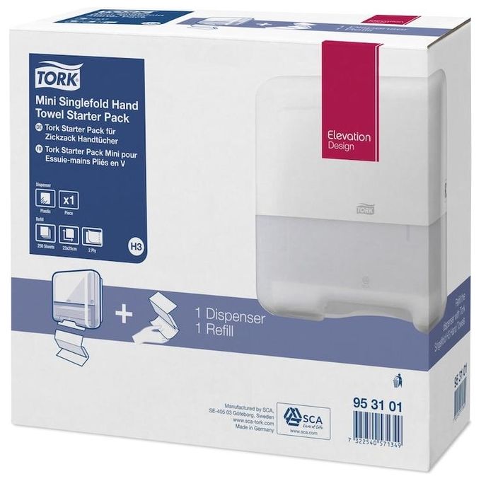 Tork 953101 Elevation Mini Distributore di Asciugamani di Carta in Fogli Piegati a V Manuale con Apertura Laterale Colore Bianco