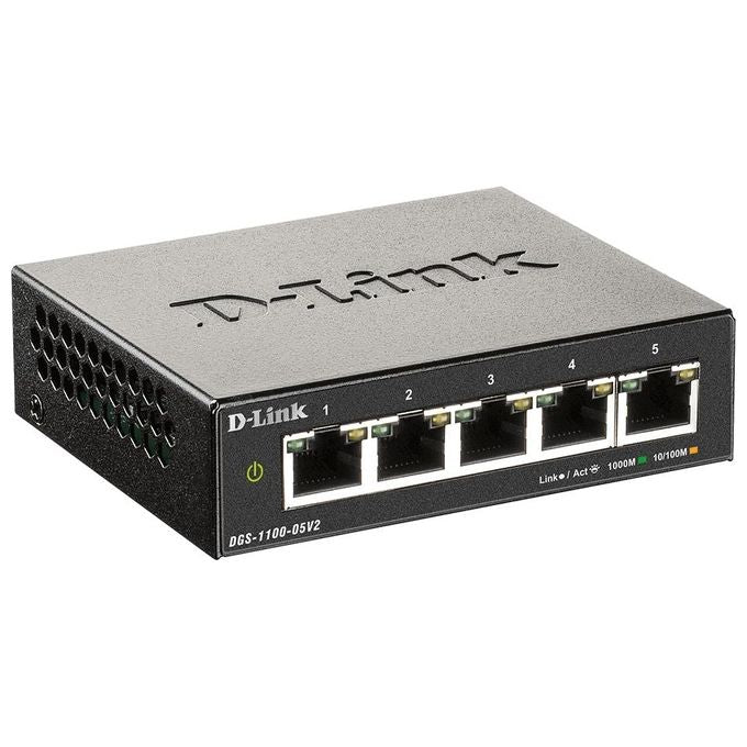 D-Link DGS-1100-05V2 Switch di Rete Gestito L2 5 Porte Gigabit EasySmart QoS VLAN Fanless colore Nero